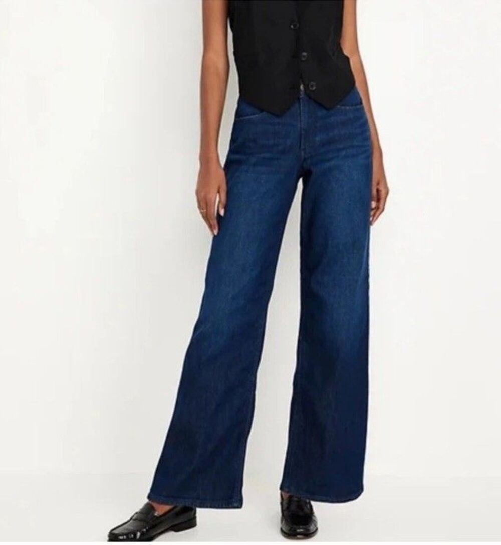 Old Navy Womens High Waisted Wow Wide Leg Denim Jeans Darkwash Denim 8 - Picture 2 of 5